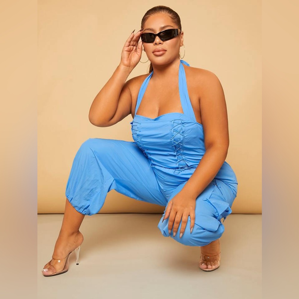 SHEIN SXY Plus Lace Up Front Halter Neck Backless Ruched Jumpsuit